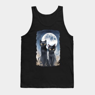 Mysterious black cats under full moon in dark atmosphere, watercolor style Tank Top
